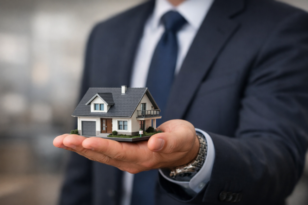 Super realistic mortgage broker in formal suit holding a miniature house on his palm with no face visible, set against a blurred modern office background.