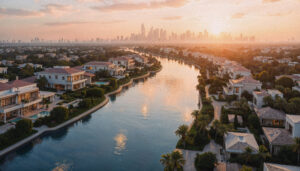 Modern luxury row villas in Dubai with private pools and contemporary architecture, representing prime real estate for mortgage financing through Capital Zone.