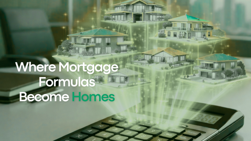 Mortgage calculator projecting hologram villas representing home loan eligibility and approval calculations