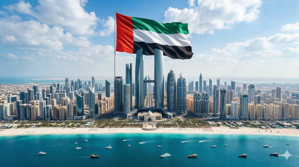 UAE flag over the Dubai skyline, symbolizing mortgage broker and property market stability.