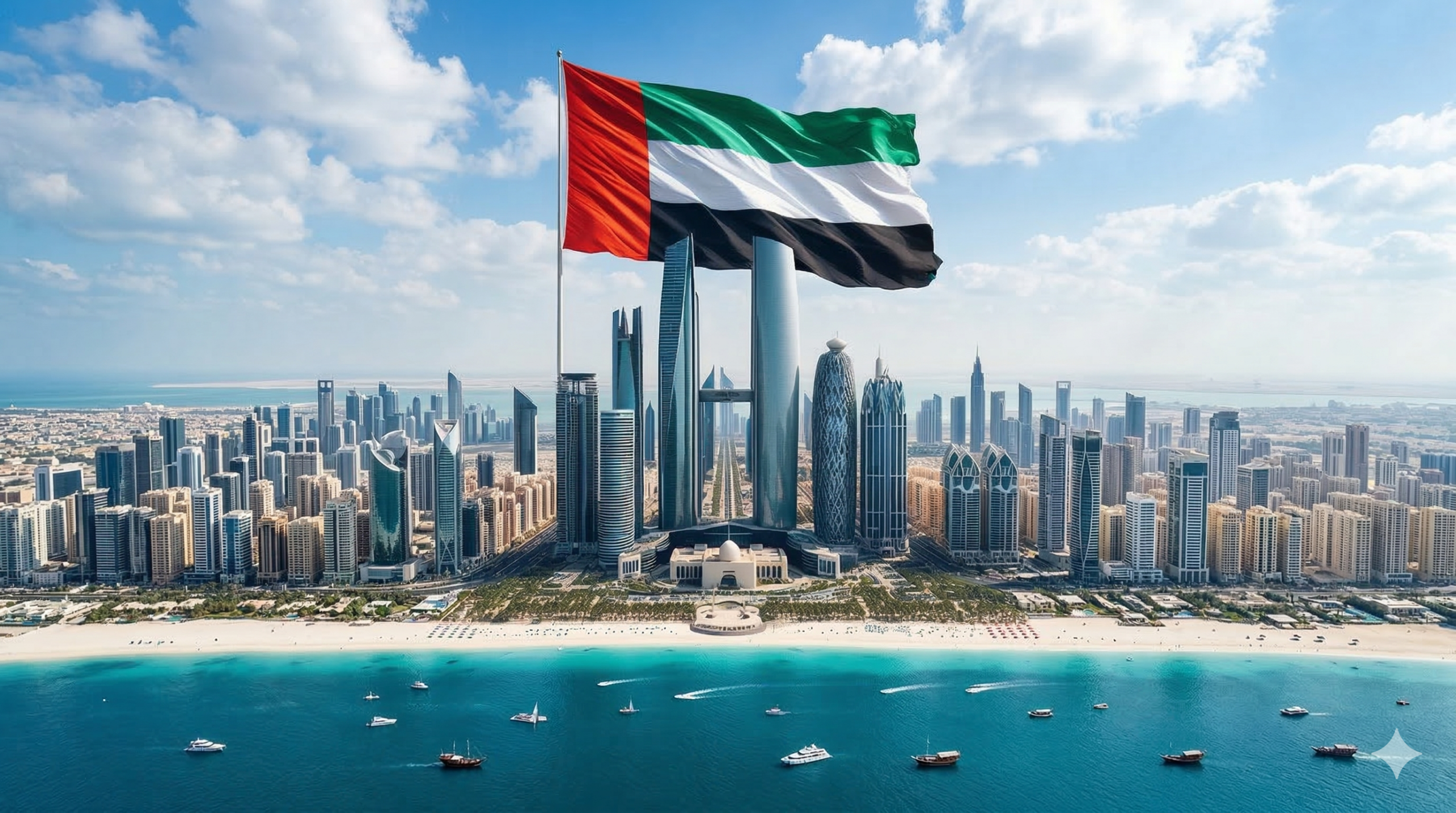 UAE flag over the Dubai skyline, symbolizing mortgage broker and property market stability.