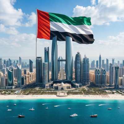 UAE flag over the Dubai skyline, symbolizing mortgage broker and property market stability.